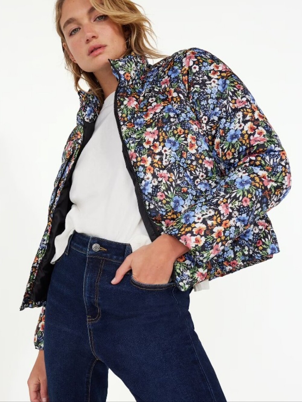 Time And Tru Floral Puffer Jacket Sz S